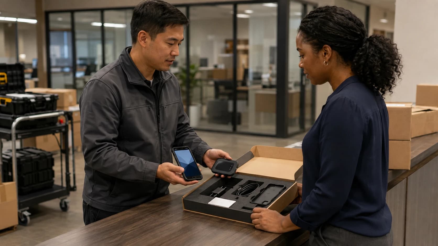 Deployment specialist demonstrating a configured business device kit during a commercial handoff