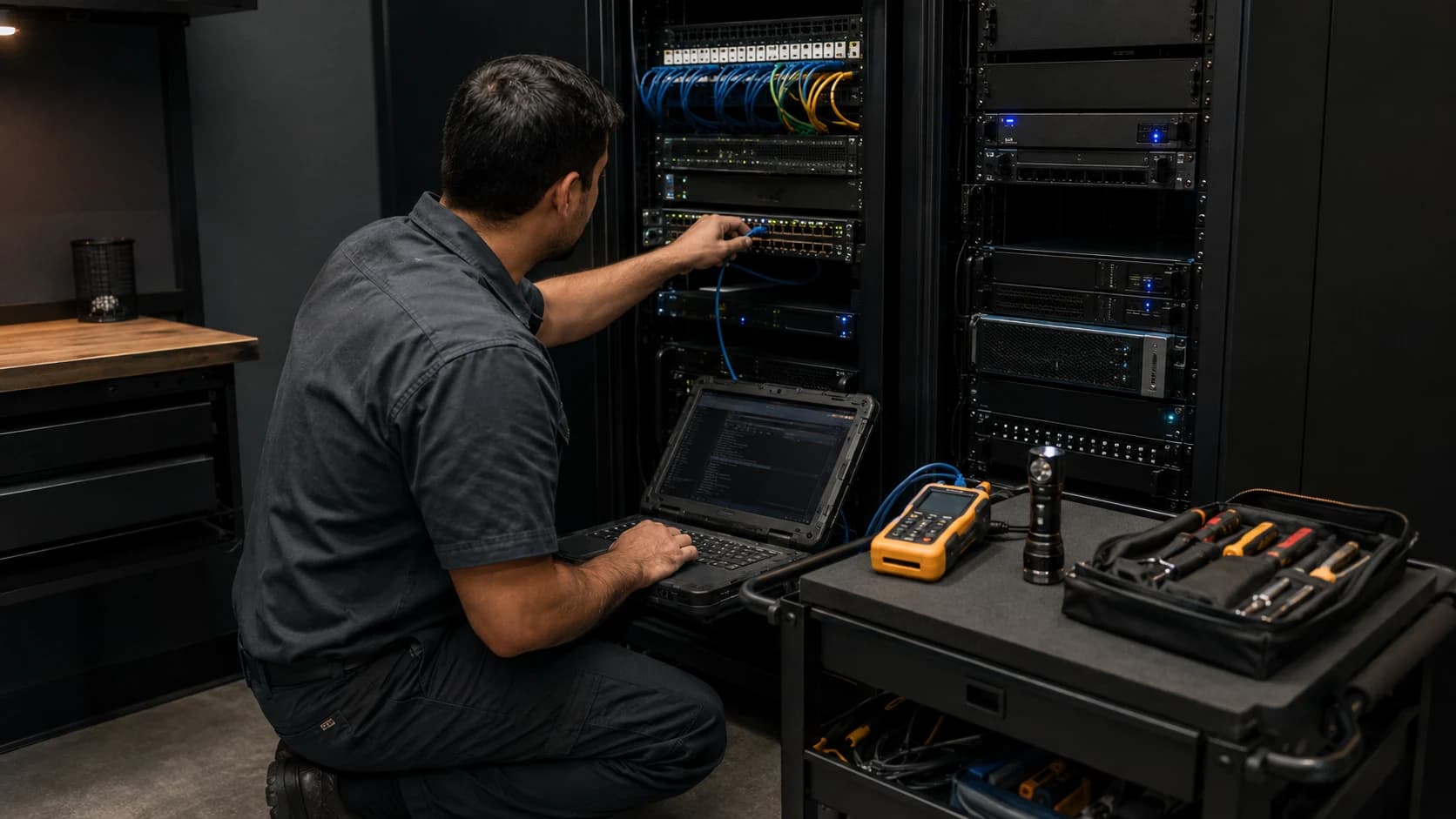 Technician troubleshooting servers and network equipment in a small business server room