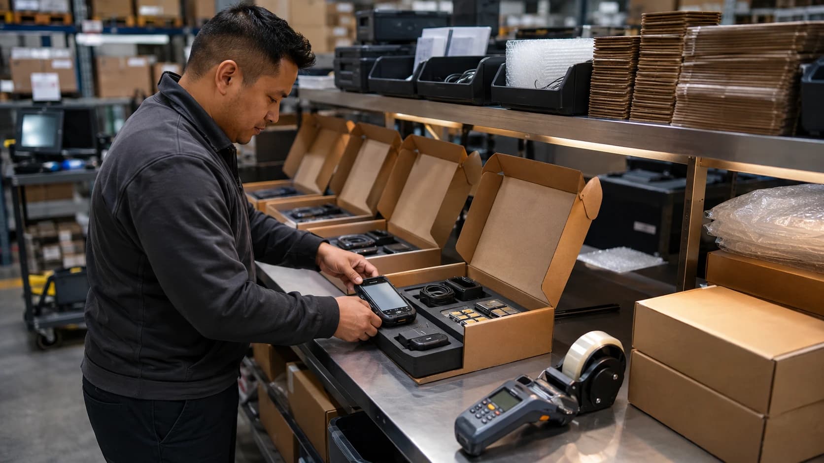 Technician assembling repeatable business technology kits at a commercial fulfillment station